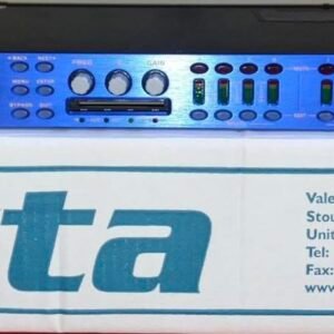 Blue XTA DP448 audio management processor showing its labelled front panel, display and numbered input and output sections